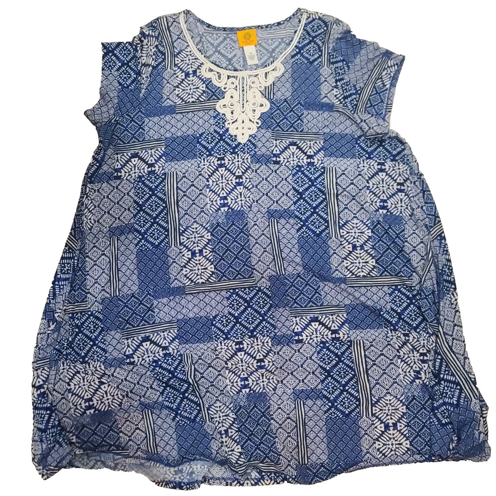 Ruby Road 1X Blue Patterned Short Sleeved Dress with Unique Neckline Design